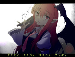 Rule 34 | 1girl, armband, backlighting, bat wings, beamed quavers, black background, breasts, frilled sleeves, frills, gradient background, koakuma, letterboxed, long hair, long sleeves, looking at viewer, looking to the side, medium breasts, microphone, music, musical note, necktie, pinky out, pointy ears, puffy long sleeves, puffy sleeves, quaver, red eyes, red hair, singing, solo, touhou, translation request, vest, watchi, white background, wings