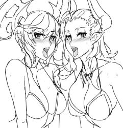 Rule 34 | 2girls, blush, breasts, castanic, cleavage, eu03, greyscale, horns, large breasts, long hair, looking at viewer, monochrome, monochrome, multiple girls, open mouth, pointy ears, short hair, sketch, tera online, tongue, tongue out