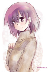 Rule 34 | 1girl, casual, closed mouth, commentary request, from side, long sleeves, looking at viewer, miyanaga teru, nakasawa kei, red eyes, red hair, ribbed sweater, saki (manga), short hair, smile, solo, standing, sweater, turtleneck, twitter username, yellow sweater