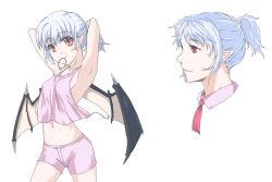 Rule 34 | 1girl, adjusting hair, alternate costume, alternate hairstyle, armpits, arms behind head, arms up, bat wings, blue hair, breasts, female focus, flat chest, hair up, haruichi (komikal), midriff, mouth hold, navel, aged up, pointy ears, ponytail, red eyes, remilia scarlet, short hair, shorts, sideboob, silver hair, touhou, wings