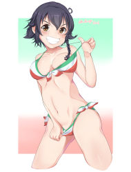 Rule 34 | 10s, 1girl, bad id, bad pixiv id, bikini, bikini pull, bikini top lift, black hair, braid, breasts, brown eyes, clothes lift, clothes pull, collarbone, cowboy shot, cropped legs, flag background, front-tie bikini top, front-tie top, girls und panzer, grin, highres, italian flag, italian flag bikini, lifting own clothes, looking at viewer, medium breasts, momendoufu, navel, nipple slip, nipples, outside border, pepperoni (girls und panzer), print bikini, pulling own clothes, short hair, side-tie bikini bottom, side braid, smile, solo, standing, swimsuit, twitter username, v-shaped eyebrows
