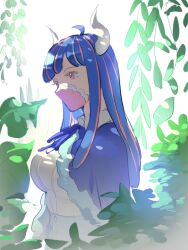 Rule 34 | 1girl, ahoge, blue cape, blue hair, cape, covered mouth, curled horns, dappled sunlight, dinosaur girl, horns, jewelry, long hair, mask, mouth mask, multicolored hair, necklace, one piece, pink eyes, pink hair, pink mask, plant, raine (acke2445), shirt, skirt, solo, streaked hair, sunlight, ulti (one piece), white shirt, white skirt