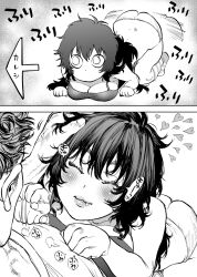 Rule 34 | 1boy, 1girl, afterimage, all fours, ass, ass shake, breasts, camisole, cleavage, comic, commentary request, eyebrows hidden by hair, fang, greyscale, headpat, heart, kimidake, large breasts, long hair, monochrome, motion lines, original, smile, translation request