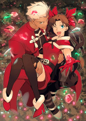 Rule 34 | 1boy, 1girl, archer (fate), bad id, bad pixiv id, black thighhighs, blue eyes, brown hair, capelet, carrying, christmas, crystal, dark-skinned male, dark skin, fate/stay night, fate (series), gem, gloves, grey eyes, hair ribbon, height difference, high heels, kon manatsu, long hair, long legs, one eye closed, princess carry, red gloves, ribbon, sexy44, shoes, thighhighs, tohsaka rin, twintails, two side up, white hair, wink