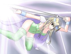 Rule 34 | 1990s (style), 1girl, blonde hair, breasts, brown hair, cape, celes chere, chikoku zei, female focus, final fantasy, final fantasy vi, green thighhighs, headband, leotard, long hair, retro artstyle, shoulder pads, solo, sword, thighhighs, weapon, wristband
