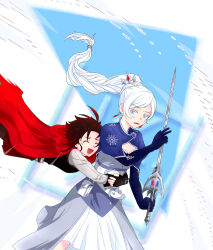 Rule 34 | 2girls, arms around waist, belt, black hair, blue background, blue dress, blue eyes, cape, closed eyes, dress, gloves, gradient hair, highres, holding, holding sword, holding weapon, hug, long hair, multicolored background, multicolored hair, multiple girls, myrtenaster, open mouth, ponytail, red cape, red hair, ruby rose, rwby, scar, scar across eye, short hair, sword, tearing up, tiara, weapon, weiss schnee, white background, white hair
