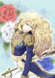 Rule 34 | 1girl, androgynous, artist name, bad id, bad pixiv id, blonde hair, blue background, blue eyes, blue flower, blue rose, epaulettes, expressionless, flower, leaning back, long hair, looking down, looking to the side, military, military uniform, oscar francois de jarjayes, rapier, red flower, red rose, rose, sash, sword, touka (akira nogi), tunic, uniform, versailles no bara, wavy hair, weapon, white flower, white rose