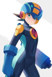 Rule 34 | 1boy, arm cannon, blue bodysuit, blue helmet, blurry, blurry background, blurry foreground, bodysuit, brown hair, clenched hand, covered navel, cowboy shot, green hair, helmet, highres, looking at viewer, mega man (series), mega man battle network (series), megaman.exe, short hair, simple background, solo, spiked hair, weapon, white background, zero-go