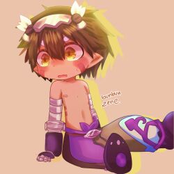 Rule 34 | 1boy, android, blush, brown hair, bunbunzene, commentary, facial mark, facial tattoo, full body, green shorts, hair between eyes, highres, looking to the side, made in abyss, male focus, mechanical arms, mechanical hands, metal hairband, multicolored clothes, multicolored shorts, navel, nipples, on ground, orange background, outline, pants, pointy ears, purple shorts, regu (made in abyss), robot, shorts, simple background, sitting, slit pupils, solo, tattoo, topless male, two-tone pants, v-shaped eyebrows, yellow eyes, yellow outline