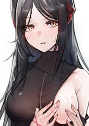 Rule 34 | 1girl, arknights, bare shoulders, black hair, breasts, covering nipples, covering privates, elsi, highres, horns, ines (arknights), large areolae, long hair, looking at viewer, medium breasts, one breast out, open mouth, simple background, solo, sweatdrop, turtleneck, white background, yellow eyes