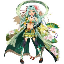 Rule 34 | 1girl, aqua eyes, aqua hair, black footwear, black thighhighs, bracer, floral print, flower, full body, green skirt, hair flower, hair ornament, hand fan, holding, holding fan, long hair, looking at viewer, midriff, navel, official art, open mouth, paper fan, sengoku providence, shoes, skirt, solo, standing, thighhighs, tooth, transparent background, wide sleeves
