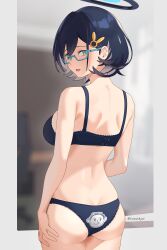 Rule 34 | 1girl, absurdres, aqua-framed eyewear, doodle sensei (blue archive), artist name, ass, back, bare shoulders, black bra, black hair, black panties, blue archive, bra, butt crack, chihiro (blue archive), colored inner hair, cowboy shot, from behind, futsukayoi, glasses, hair ornament, hairclip, halo, highres, looking at viewer, multicolored hair, open mouth, panties, semi-rimless eyewear, sensei (blue archive), short hair, solo, standing, underwear, underwear only