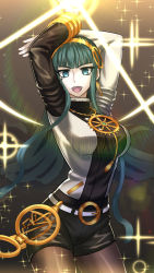 Rule 34 | 1girl, :d, arms up, asymmetrical clothes, belt, black pantyhose, breasts, cleopatra (fate), cowboy shot, earrings, facial mark, fate/grand order, fate (series), glowing, green eyes, green hair, hairband, hime cut, hoop earrings, jewelry, kotera ryou, large breasts, leaning forward, long hair, looking at viewer, matching hair/eyes, necklace, open mouth, pantyhose, shorts, sidelocks, smile, solo