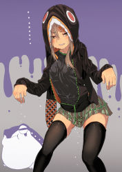 Rule 34 | 1girl, :d, arm behind back, black shirt, brown eyes, brown hair, brown skirt, candy, clenched teeth, food, fu-ta, hair ornament, hairclip, highres, hood, hooded jacket, jacket, legs apart, light brown hair, long sleeves, looking at viewer, medium hair, miniskirt, open clothes, open jacket, open mouth, original, pleated skirt, ponytail, shirt, skirt, smile, solo, standing, teeth, undershirt, usami taiga, wet
