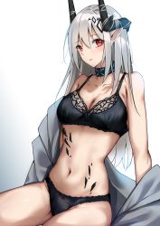 Rule 34 | 1girl, absurdres, arknights, bare shoulders, black bra, black panties, blush, bra, breasts, chantly 78, cleavage, collar, collarbone, highres, horns, infection monitor (arknights), long hair, looking at viewer, material growth, medium breasts, mudrock (arknights), navel, oripathy lesion (arknights), panties, parted lips, pointy ears, red eyes, silver hair, simple background, sitting, smile, solo, stomach, underwear, underwear only, very long hair, white background