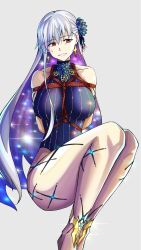 Rule 34 | 1girl, arms behind back, bare shoulders, bdsm, blue hair, blue one-piece swimsuit, blush, body markings, bondage, bound, breasts, earrings, fate/grand order, fate (series), flower, grin, hair flower, hair ornament, hair ribbon, hao718, highleg, highleg swimsuit, highres, jewelry, kama (fate), kama (swimsuit avenger) (fate), kama (swimsuit avenger) (third ascension) (fate), large breasts, long hair, looking to the side, lotus, multicolored hair, one-piece swimsuit, red eyes, restrained, ribbon, rope, shibari, silver hair, smile, solo, star (symbol), star earrings, swimsuit, two-tone hair
