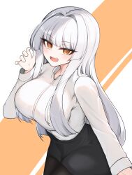 Rule 34 | 1girl, alternate costume, black pantyhose, black skirt, black survival, breasts, cowboy shot, eternal return: black survival, fangs, geah, highres, large breasts, long hair, looking at viewer, minami rio, office lady, open mouth, pantyhose, shirt, skirt, solo, tagme, taut clothes, taut shirt, teeth, upper teeth only, white hair, white shirt, yellow eyes