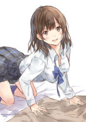 Rule 34 | 1girl, all fours, blue bow, blue bowtie, blush, bow, bowtie, breasts, brown eyes, brown hair, commentary, eyebrows, hanekoto, leaning back, looking at viewer, medium breasts, original, plaid, plaid skirt, school uniform, sketch, skirt, smile, solo