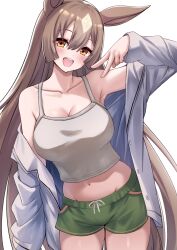 Rule 34 | 1girl, :d, alternate costume, animal ears, arm at side, arm up, bare shoulders, blunt ends, blush, breasts, brown hair, camisole, cleavage, collarbone, cowboy shot, crop top, eyelashes, green shorts, hair between eyes, head tilt, herohero (higashi no dou), highres, horse ears, horse girl, jacket, large breasts, leaning to the side, long hair, looking at viewer, midriff, navel, off shoulder, open clothes, open jacket, open mouth, satono diamond (umamusume), short shorts, shorts, simple background, smile, solo, standing, straight hair, umamusume, v, very long hair, white background, white camisole, white jacket, yellow eyes