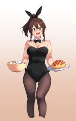 Rule 34 | 1girl, animal ears, black bow, black bowtie, black leotard, black pantyhose, blue eyes, bow, bowl, bowtie, breasts, brown hair, cleavage, commentary request, cropped legs, detached collar, egg, egg (food), fake animal ears, food, hardboiled egg, highres, idolmaster, idolmaster million live!, kantai collection, ketchup, korean commentary, kwaejina, large breasts, leotard, mixed-language commentary, omelet, omurice, open mouth, pantyhose, playboy bunny, ponytail, rabbit ears, rabbit girl, round teeth, satake minako, smile, solo, strapless, strapless leotard, teeth, upper teeth only, wrist cuffs