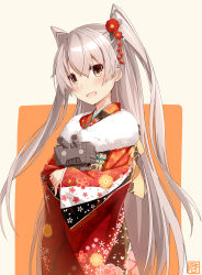 Rule 34 | 10s, 1girl, absurdres, alternate costume, amatsukaze (kancolle), blush, brown eyes, crossed arms, floral print, flower, fur trim, hair between eyes, hair flower, hair ornament, highres, japanese clothes, kantai collection, kimono, long hair, long sleeves, looking at viewer, open mouth, orange background, outside border, red kimono, rensouhou-kun, robot, solo, takanashie, twintails, two side up, very long hair, white background, wide sleeves