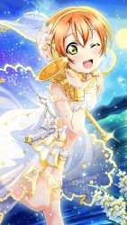 Rule 34 | 1girl, artist name, artist request, bare shoulders, breasts, cleavage, collarbone, dress, female focus, flower, green eyes, hair between eyes, hair flower, hair ornament, hairband, highres, holding horn, horn (instrument), hoshizora rin, looking at viewer, love live!, love live! school idol festival, love live! school idol project, off-shoulder dress, off shoulder, one eye closed, orange hair, parted lips, pink flower, short hair, skirt, smile, solo, standing, standing on one leg, star (symbol), star hair ornament, star print, white dress, white flower, white skirt, wrist cuffs, yellow eyes, yellow hairband