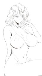 Rule 34 | 1girl, arm behind back, armpit crease, breasts, closed mouth, collarbone, covered erect nipples, covered navel, greyscale, highres, large breasts, leotard, mole, mole under eye, monochrome, navel, sakura na omiki, short hair, simple background, sitting, smile, solo, super real mahjong, white background
