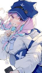 Rule 34 | 1girl, absurdres, blue hair, blue hat, blue sailor collar, blue skirt, blush, braid, breasts, cellphone, commentary request, darjeeling (reley), frilled sailor collar, frills, from side, grin, hair over shoulder, hand up, hat, high-waist skirt, highres, holding, holding phone, hololive, jacket, large breasts, long hair, long sleeves, looking at viewer, minato aqua, minato aqua (sailor), multicolored hair, neko (minato aqua), off shoulder, phone, pink hair, puffy long sleeves, puffy sleeves, purple eyes, sailor collar, shirt, simple background, skirt, smartphone, smile, solo, twin braids, twintails, two-tone hair, upper body, virtual youtuber, white background, white jacket, white shirt