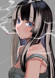 Rule 34 | 1girl, absurdres, armpit crease, bare shoulders, black hair, blue eyes, blunt bangs, blush, breasts, camisole, cigarette, cleavage, from side, futoshi tanaka, grey background, grey camisole, highres, hololive, hololive dev is, juufuutei raden, long hair, looking at viewer, medium breasts, multicolored hair, sidelocks, simple background, smoke, smoking, solo, strap slip, streaked hair, two-tone hair, virtual youtuber