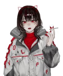 Rule 34 | 1girl, absurdres, animal ears, black hair, blunt bangs, cat ears, cigarette, earrings, fingernails, highres, holding, holding cigarette, jacket, jewelry, looking at viewer, medium hair, nail polish, open mouth, original, puffy sleeves, red eyes, red nails, red sweater, sharp fingernails, smoking, solo, star (symbol), sweater, upper body, volff, white background
