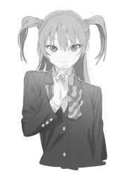 Rule 34 | 1girl, akebi-chan no serafuku, blazer, blush, bow, bowtie, closed mouth, collared shirt, cropped torso, greyscale, hand up, highres, jacket, kizaki erika, kona ming, long hair, long sleeves, looking at viewer, monochrome, roubai academy school uniform (new), shirt, sidelocks, smile, solo, striped bow, striped bowtie, striped clothes, two side up, upper body