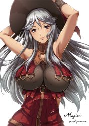 Rule 34 | 10s, 1girl, albino, armpits, arms behind head, arms up, bare shoulders, belt, between breasts, blush, breasts, buckle, character name, cleavage, closed mouth, clothing cutout, granblue fantasy, grey hair, hands on own head, hat, huge breasts, lipstick, long hair, looking at viewer, magisa (granblue fantasy), makeup, red eyes, sakiyamama, see-through, see-through cleavage, side cutout, simple background, sitting, smile, solo, twitter username, upper body, very long hair, white background, witch, witch hat, wrist cuffs