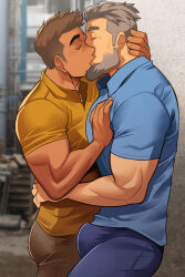 Rule 34 | 2boys, against wall, bara, beard, bulge, bulge press, closed eyes, couple, dark-skinned male, dark skin, denim, erection, erection under clothes, facial hair, foreplay, from side, grabbing, grey hair, highres, jeans, large pectorals, male focus, mature male, multiple boys, muscular, muscular male, nakata shunpei, old, old man, original, pants, pectoral grab, pectorals, polo shirt, profile, raised eyebrows, short hair, sideburns, thick eyebrows, yaoi