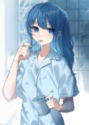 Rule 34 | 1girl, blue eyes, blue hair, collared shirt, cup, dress shirt, hair between eyes, highres, holding, holding cup, holding toothbrush, hololive, hoshimachi suisei, long hair, looking to the side, parted lips, ponytail, shirt, sidelocks, solo, tile wall, tiles, toothbrush, ueruko, virtual youtuber, water