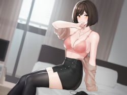 Rule 34 | 1girl, bare shoulders, black thighhighs, blouse, blush, breasts, brown hair, cleavage, covering own mouth, hayabusa, large breasts, looking at viewer, open clothes, open shirt, original, shirt, short hair, skirt, solo, thighhighs, thighs