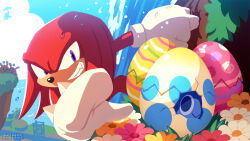 Rule 34 | 2boys, animal ears, big the cat, blue sky, chao (sonic), commentary request, easter, easter egg, egg, flower, furry, furry male, gloves, knuckles the echidna, male focus, multiple boys, official art, outdoors, palm tree, purple eyes, rabbit ears, sky, sonic (series), teeth, tree, umbrella, uno yuuji, water, waterfall, white gloves