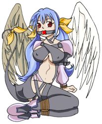 Rule 34 | 1girl, arc system works, asymmetrical wings, bad anatomy, ball gag, bdsm, bondage, bound, dizzy (guilty gear), gag, gagged, guilty gear, lowres, poorly drawn, ribbon, shibari, solo, tail, tail ornament, tail ribbon, thighhighs, wings