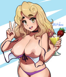 Rule 34 | 1girl, bikini, black choker, blush, borrowed character, breasts, brown eyes, choker, cleavage, commission, cowboy shot, cup, dirty ero, food, fruit, hands up, holding, holding cup, large breasts, looking at viewer, nipples, open mouth, original, purple bikini, shadow, solo, strawberry, strudel (lewdsticks), swimsuit, topless, twitter username, v