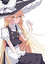 Rule 34 | 1girl, black hat, blonde hair, braid, closed mouth, commentary request, eyes visible through hair, hand up, hat, highres, kirisame marisa, long hair, looking at viewer, puffy short sleeves, puffy sleeves, short sleeves, single braid, sitting, smile, solo, touhou, tsukimirin, very long hair, witch hat, yellow eyes