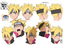 Rule 34 | ahoge, angry, blonde hair, blue eyes, boruto: the movie, character sheet, expression sheet, forehead protector, grin, jacket, naruto, naruto (series), official art, pout, simple background, smile, spiked hair, uzumaki boruto, whiskers