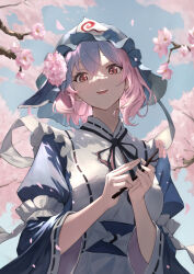 Rule 34 | 1girl, absurdres, black ribbon, blue hat, blue kimono, branch, cherry blossoms, commentary request, day, frilled kimono, frills, hair between eyes, hands up, hat, highres, holding, holding branch, japanese clothes, kimono, kissshotmagia, long sleeves, looking at viewer, mob cap, neck ribbon, obi, open mouth, outdoors, pink eyes, pink hair, ribbon, saigyouji yuyuko, sash, short hair, solo, touhou, triangular headpiece, upper body, wavy hair, wide sleeves