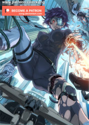 Rule 34 | 1girl, abs, blue sky, bodysuit, breasts, building, clenched teeth, cloud, commentary, covered erect nipples, cyberpunk, cyborg, english commentary, falling, from below, ghost in the shell, gloves, gun, handgun, knee pads, kusanagi motoko, laser, mechanical arms, muscular, pistol, purple hair, red eyes, science fiction, short hair, single mechanical arm, sky, skyscraper, solo, teeth, thigh strap, torn clothes, visor, weapon, white gloves, xong