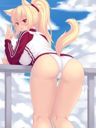 Rule 34 | 1girl, :p, animal ears, ass, bikini, blonde hair, blush, cat ears, cat girl, cat tail, closed mouth, commentary, english commentary, from behind, highres, jacket, long hair, long sleeves, looking at viewer, looking back, no pants, nottytiffy, original, outdoors, ponytail, red eyes, side-tie bikini bottom, smile, solo, swimsuit, tail, thighs, tiffy (nottytiffy), tongue, tongue out, v, white bikini, white jacket