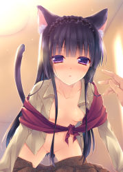 Rule 34 | 1girl, animal ears, bad id, bad pixiv id, blush, breasts, cat ears, cat tail, censored, clothes pull, collarbone, convenient censoring, hair censor, hairband, lolita hairband, long hair, looking at viewer, mitsuki tsumi, navel, nipples, open clothes, open shirt, original, purple eyes, purple hair, pussy juice, shirt, skirt, skirt pull, small breasts, solo focus, tail