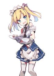 Rule 34 | 1girl, :d, absurdres, amaryllis gumi, apron, bare shoulders, black necktie, blonde hair, blue eyes, blue skirt, blush, cup, fang, fingerless gloves, gloves, grey gloves, hairband, head tilt, highres, holding, kotohara hinari, looking at viewer, maid apron, maid headdress, necktie, open mouth, skirt, smile, solo, standing, tama (tama-s), teacup, thighhighs, transparent background, tray, twintails, virtual youtuber, white thighhighs