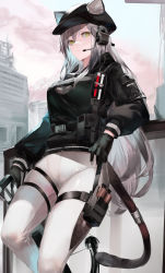 Rule 34 | animal ears, arknights, black gloves, black hat, black shirt, blazpu, breasts, building, cat ears, cat tail, ears through headwear, feet out of frame, gloves, grey hair, hair between eyes, hat, headset, highres, holding, implied extra ears, long hair, looking at viewer, medium breasts, official alternate costume, outdoors, pantyhose, pouch, schwarz (arknights), schwarz (skyline) (arknights), shirt, skyscraper, solo, standing, tail, thigh pouch, thigh strap, white pantyhose, yellow eyes