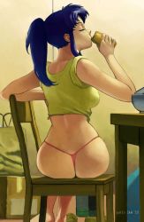 Rule 34 | 1girl, alcohol, alternate hair color, ass, bare arms, bare shoulders, beer, blue hair, breasts, can, chair, closed eyes, drink, drinking, from behind, katsuragi misato, long hair, medium breasts, midriff, neck, neon genesis evangelion, parted bangs, ponytail, shirt, sidelocks, sitting, solo, table, tank top, thong, wazu-san, yellow tank top