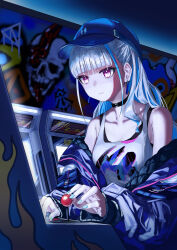 Rule 34 | 1girl, absurdres, arcade cabinet, arisaki (cnxy7525), bare shoulders, baseball cap, blue coat, blue hat, blue nails, blunt bangs, breasts, choker, closed mouth, coat, colored inner hair, earrings, graffiti, grey hair, hat, highres, indoors, jewelry, lize helesta, long hair, multicolored hair, nijisanji, off shoulder, open clothes, open coat, purple eyes, shirt, small breasts, solo, tank top, upper body, virtual youtuber, white shirt