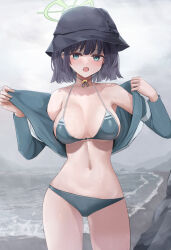 Rule 34 | 1girl, :o, bikini, black hair, black hat, blue archive, blue bikini, blue eyes, blue jacket, breasts, collarbone, commentary request, halo, hands up, hat, highres, jacket, large breasts, long sleeves, looking at viewer, navel, neneru, open clothes, open jacket, open mouth, outdoors, saki (blue archive), saki (swimsuit) (blue archive), solo, standing, swimsuit, water, waves