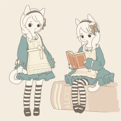 Rule 34 | 1girl, animal ears, black headband, black thighhighs, book, bow, cat ears, cat girl, cat tail, dress, frilled dress, frills, furry, furry female, hair ornament, headband, holding tail, long hair, long sleeves, looking at viewer, mary janes, multiple views, open book, reading, shoes, simple background, sitting, sitting on books, striped clothes, striped thighhighs, tail, thighhighs, white hair, yagi (s1120411), zettai ryouiki